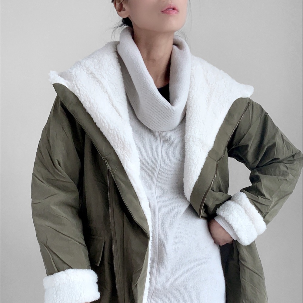 OLIVE FAUX SHEARLING PARKA JACKET - Picture 5 of 11